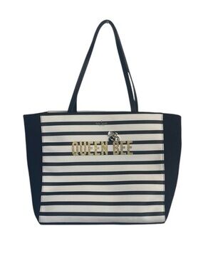 Kate Spade Queen Bee Striped Canvas Tote Bag Black White Large Shopper Tote